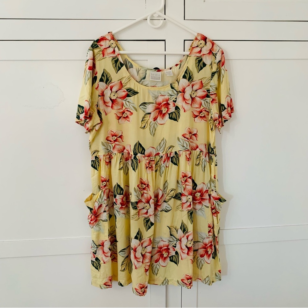 Vintage Moda Int’l Rayon Yellow Floral Pocket Mini Dress Size XL
